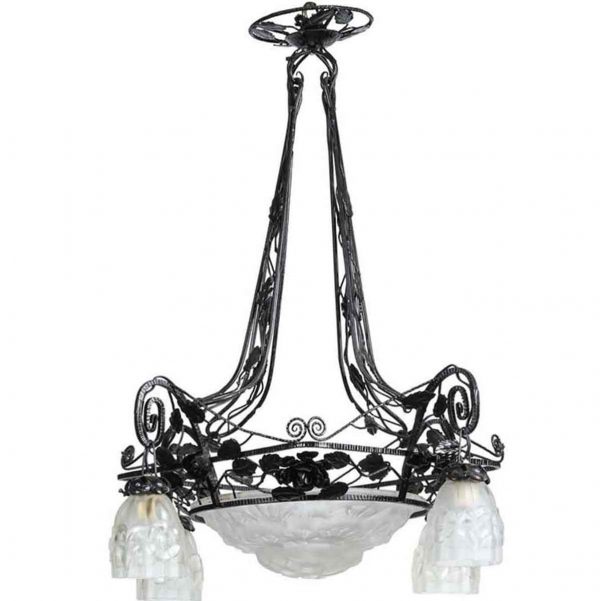 Chandeliers - 1930s Art Deco Wrought Iron & Glass 4 Light Chandelier
