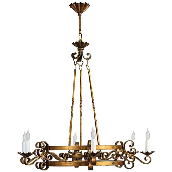 Chandeliers - 1970s French Gold Wrought Iron 6 Light Chandelier