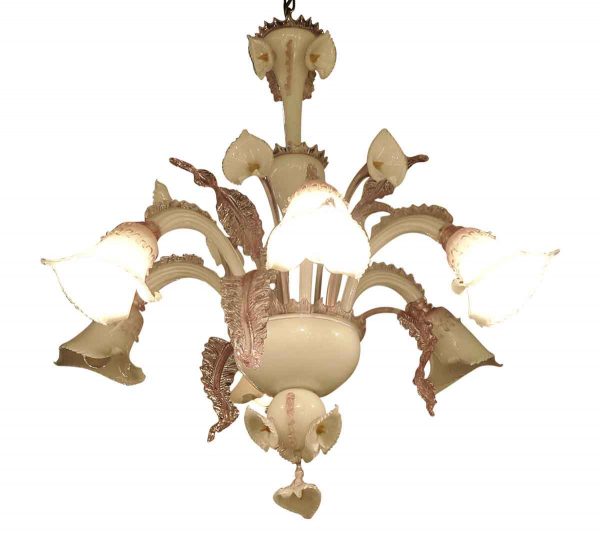 Chandeliers - French Pink & White 5 Arm Murano Lily Chandelier
