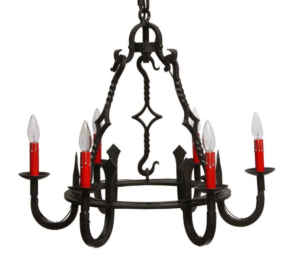 Chandeliers - Gothic Black Wrought Iron Chandelier with 6 Red Candlesticks