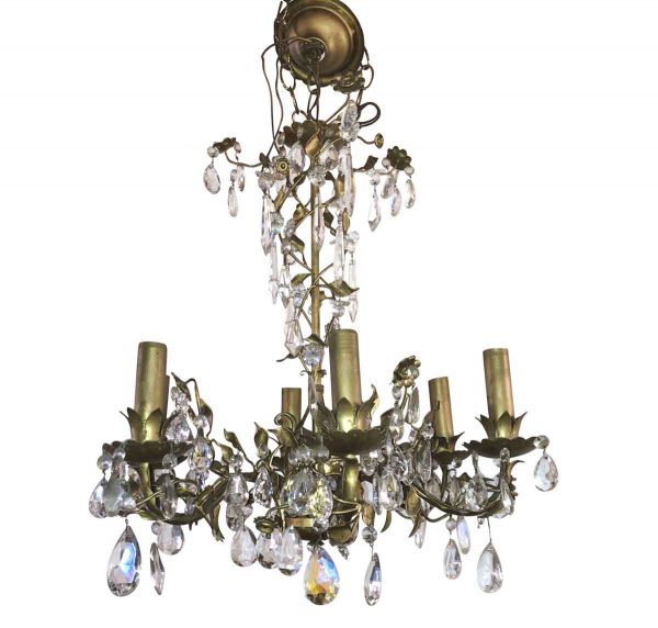 Chandeliers - Petite French 6 Arm Crystal & Brass Filigree Chandelier
