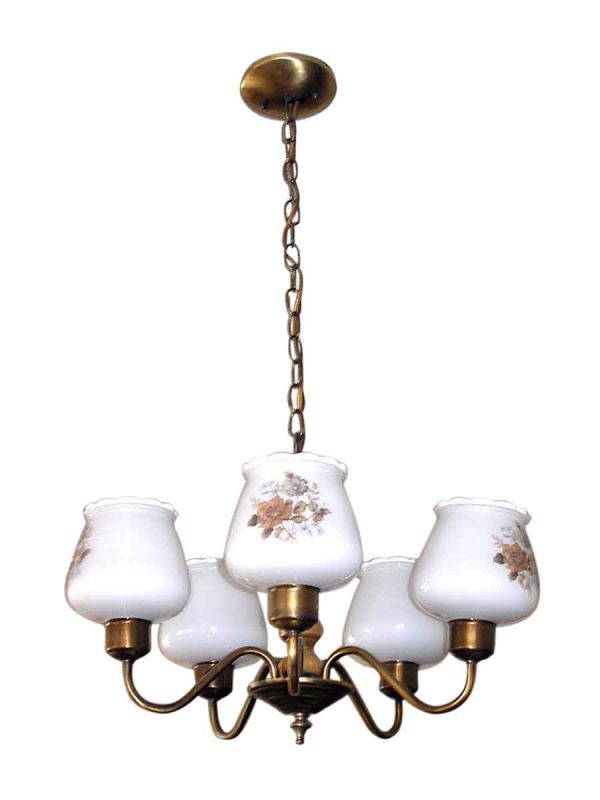 Chandeliers - Vintage Farmhouse 5 Arm Wood Chandelier with Floral Glass Shades