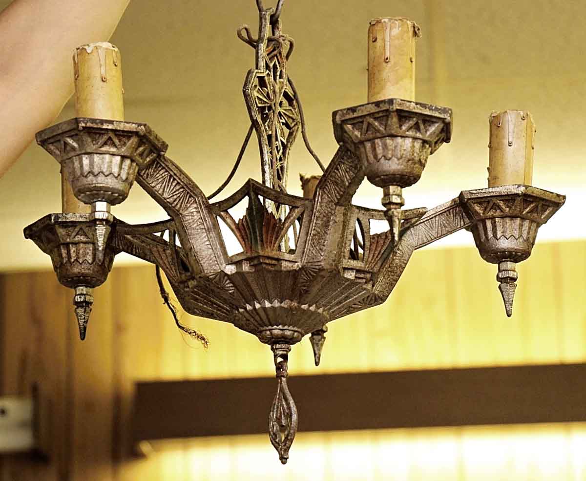 Antique 5 Light Cast Iron Art Deco Chandelier Olde Good