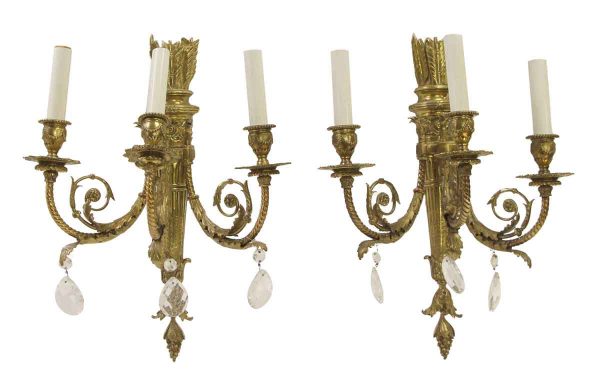 Sconces & Wall Lighting - Antique French Torche Brass & Crystal 3 Arm Sconces