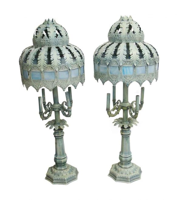 Table Lamps - Pair of French Blue Metal Lamps with Slag Glass