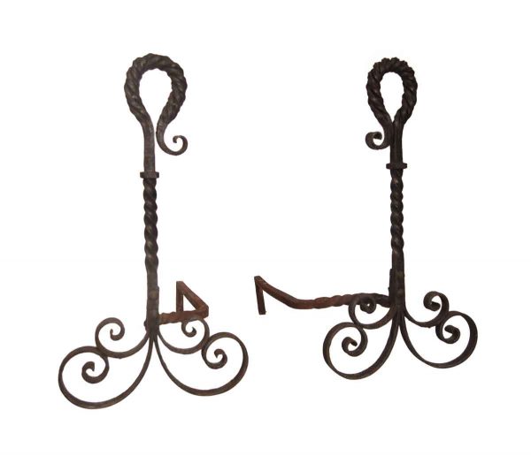 Andirons - Antique Turned Wrought Iron Pair of Andirons
