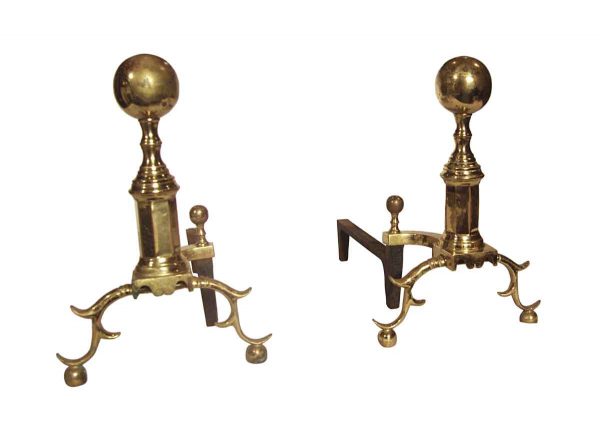 Andirons - Vintage Pair of Traditional Polished Brass Andirons