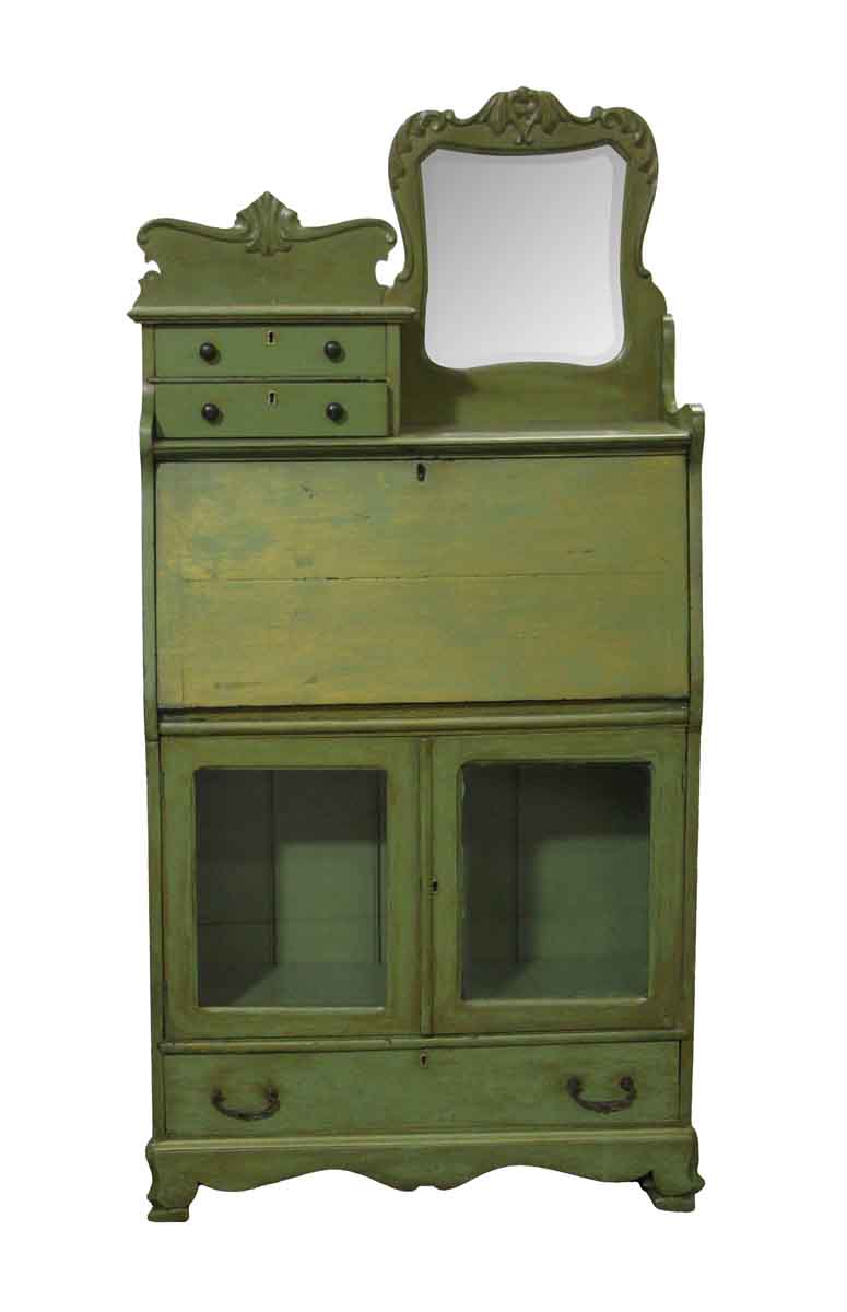Restored Painted Green Desk Cabinet With Beveled Mirror Olde