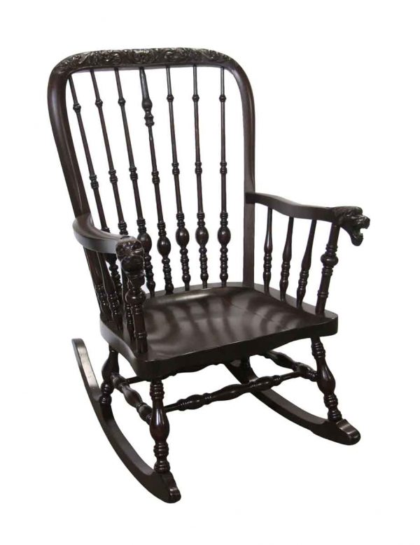 Seating - 1890 Antique Victorian Carved Oak Rocking Chair with Griffon Arms