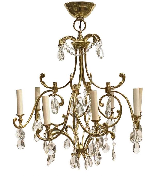 Chandeliers - Waldorf French Late Century 8 Arm Brass & Crystal Chandelier