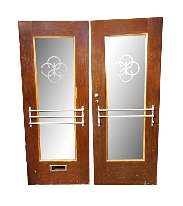 Commercial Doors - 1940s Art Deco Glass Double Oak Commercial Doors 89.5 x 71.75