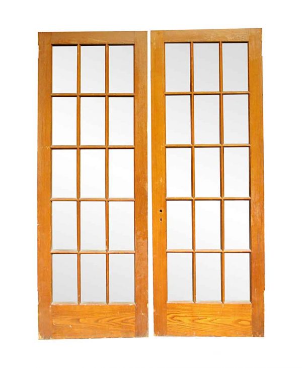 French Doors - Vintage 15 Lite Oak Wood French Double Doors 83.5 x 59.5
