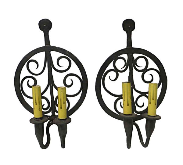 Sconces & Wall Lighting - Pair of Colonial Double Arm Wrought Iron Sconces