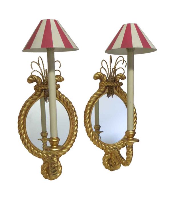 Sconces & Wall Lighting - Pair of Gold Gilt Sconces with Mirror Back & Striped Shades