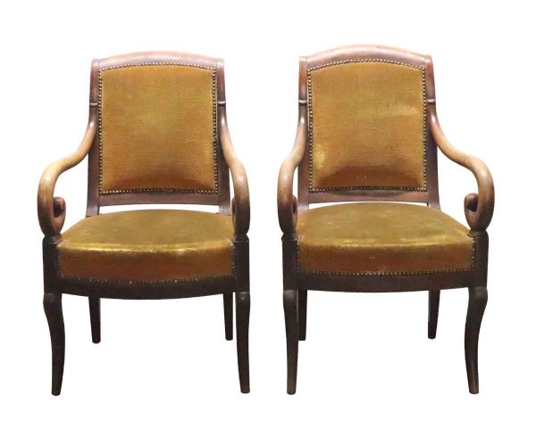 Living Room - Pair of Empire Arm Chairs with Wood Carved Scrolling Arms