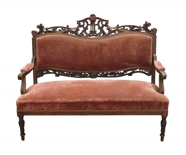 Living Room - Red Velvet Victorian Carved Love Seat with Musical Motif