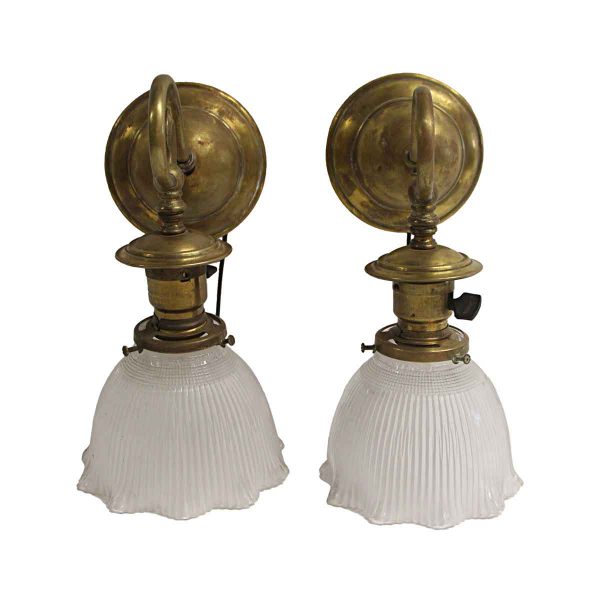 Sconces & Wall Lighting - 1920s Pair of Brass Sconces with Ribbed Glass Shades