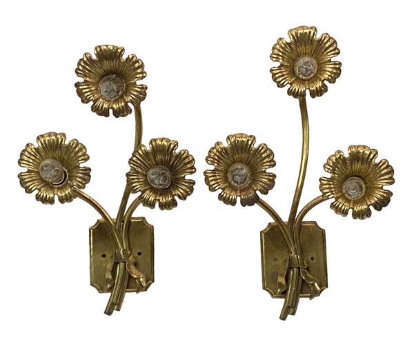 Sconces & Wall Lighting - 1940s French Art Deco Cast Brass Floral Wall Sconces