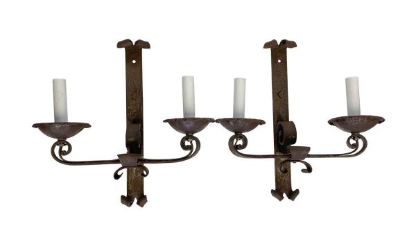Sconces & Wall Lighting - Pair of French Wrought Iron 2 Arm Wall Sconces