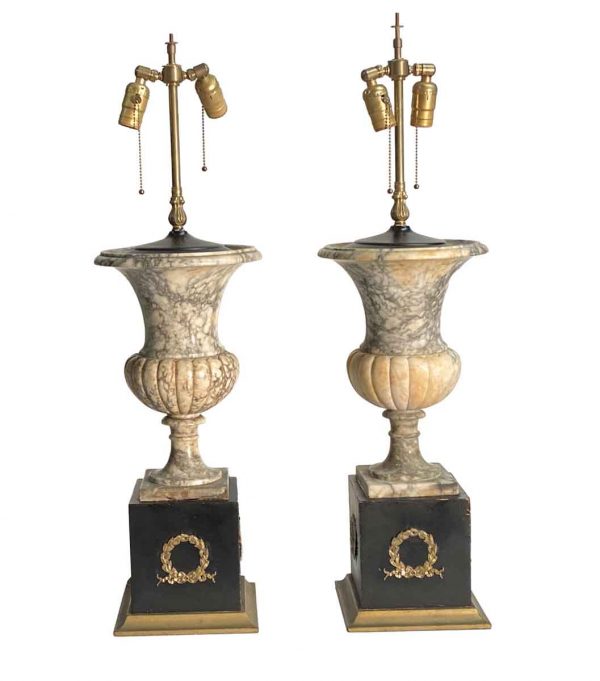 Table Lamps - Pair of Marble Table Lamps with Wreath Motif Bases