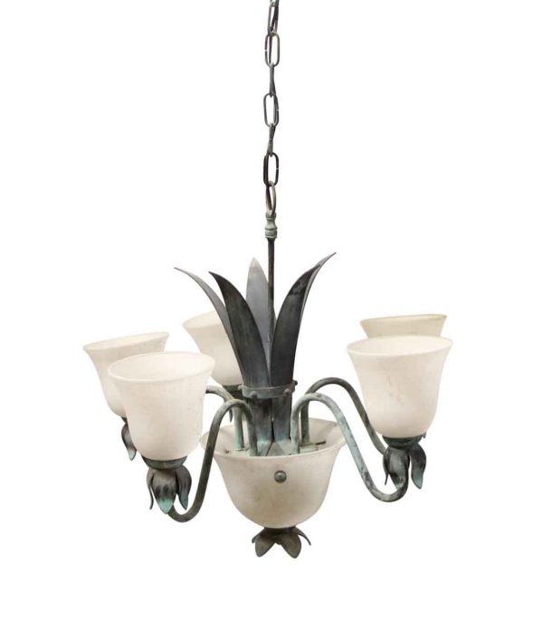 Chandeliers - 1980s French Green Leaf Frosted Shades Chandelier