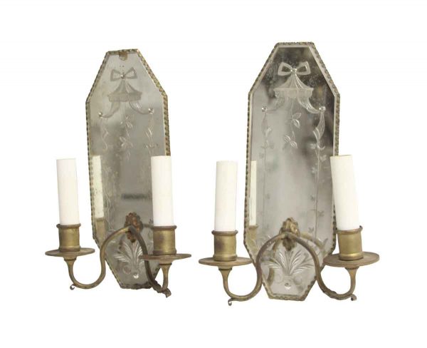 Sconces & Wall Lighting - Pair of 1930s French Brass & Etched Mirrored 2 Arm Sconces