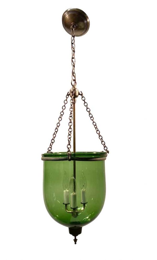 Wall & Ceiling Lanterns - 19th Century Hand Blown 10.5 Green Glass Bell Jar Pendant Light