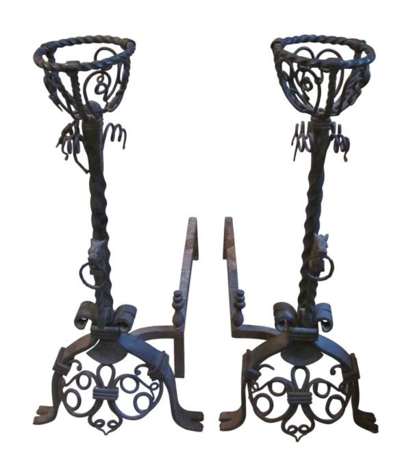 Andirons - Pair Figural Wrought Iron Andirons