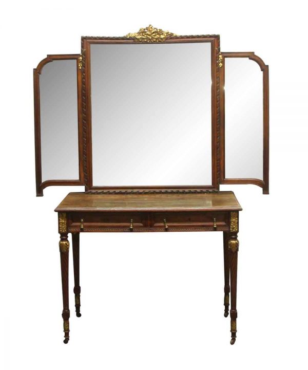 Bedroom - Antique Wood French Art Deco Tri-fold Mirrored Vanity