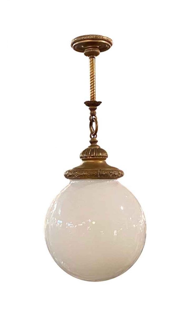 Globes - Antique Brass Pendant Light With Round Opal Globe