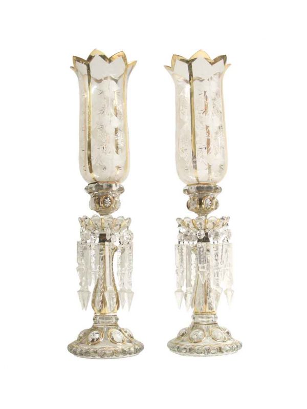Candelabra Lamps - Antique Bohemian Czech Crystal Mantle Candlestick Lamps