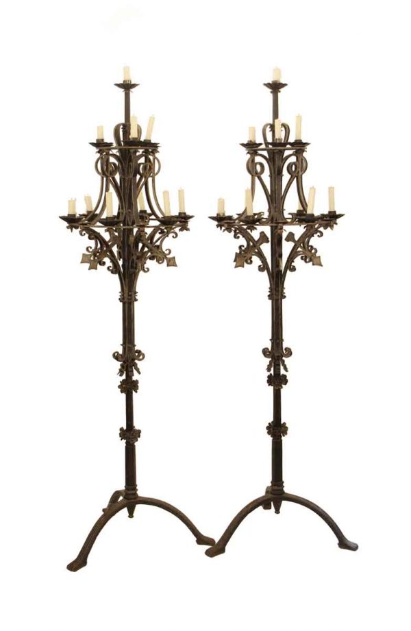 Candelabra Lamps - Pair of Gothic Wrought Iron Candelabra Floor Lamps