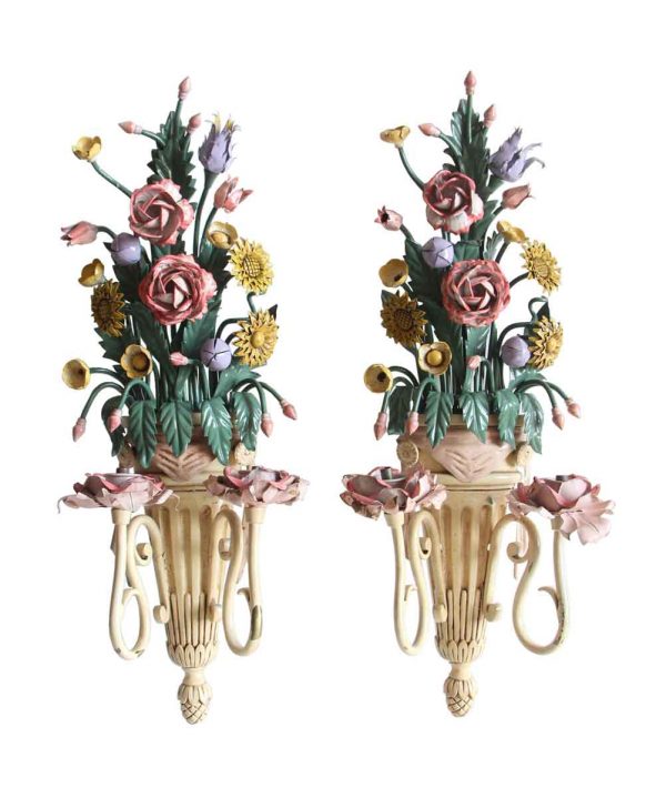 Sconces & Wall Lighting - Antique Italian Enameled Metal Floral Bouquet Wall Sconces