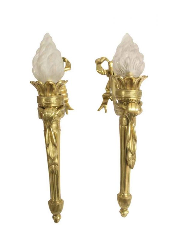 Sconces & Wall Lighting - Antique Pair of Cast Brass Torche Wall Sconces