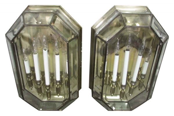 Sconces & Wall Lighting - Large Georgian Style Five Light Brass & Glass Wall Sconces