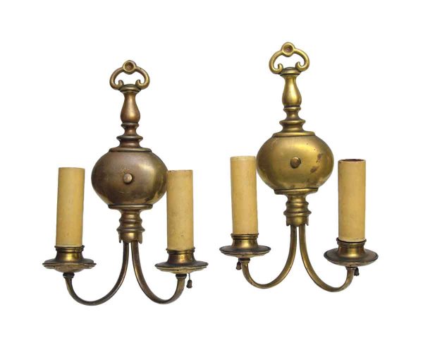 Sconces & Wall Lighting - Pair of Colonial Revival Brass Double Arm Wall Sconces