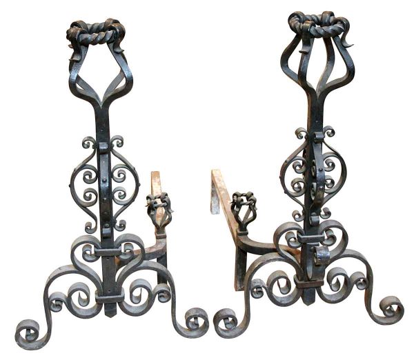 Andirons - Pair of Curled Black Heavy Wrought Iron Andirons