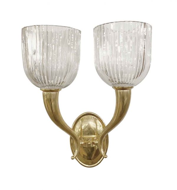 Sconces & Wall Lighting - Pair of Modern Brass Crystal Fluted Shade Two Arm Wall Sconces