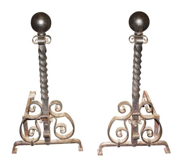 Andirons - Antique Curled Wrought Iron Andirons