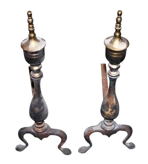 Andirons - Pair of Antique Steeple Brass Andirons