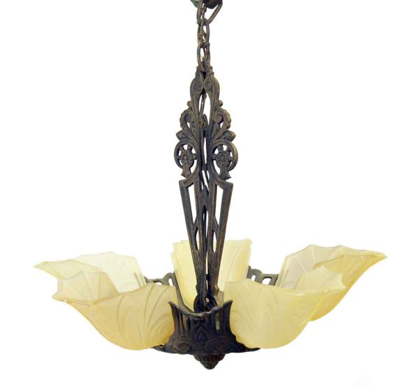 Chandeliers - Vintage Art Deco Bronze & Glass Slip Shade Chandelier