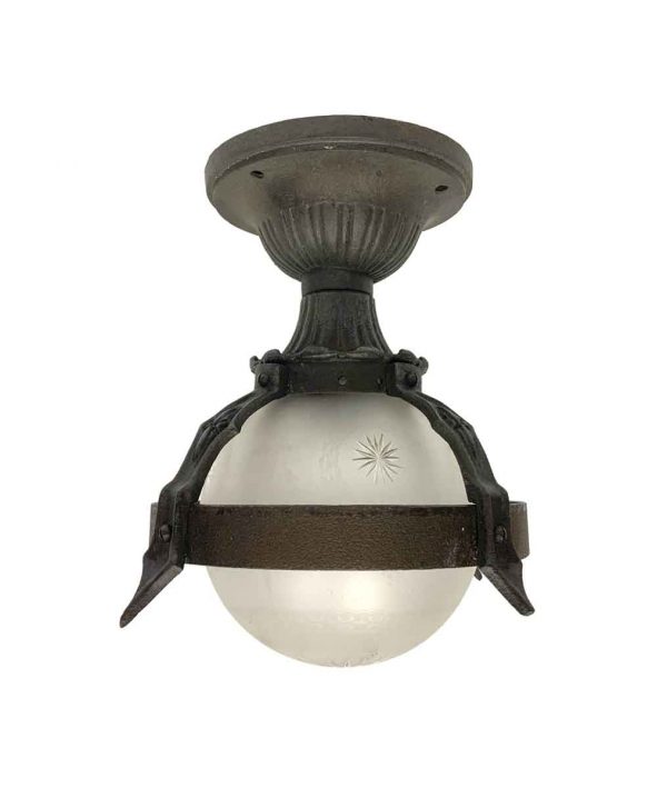 Flush & Semi Flush Mounts - Tudor Cast Iron Etched Glass Globe Porch Flush Mount Light