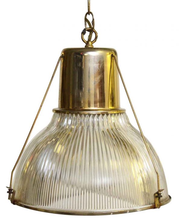 Industrial & Commercial - Vintage Clear Holophane & Brass Pendant Light