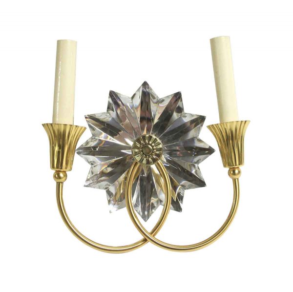 Sconces & Wall Lighting - French Brass & Crystal Art Deco Floral 2 Arm Sconce
