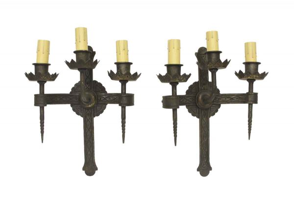 Sconces & Wall Lighting - Hand Forged Wrought Iron 3 Arm Pair of Wall Sconces
