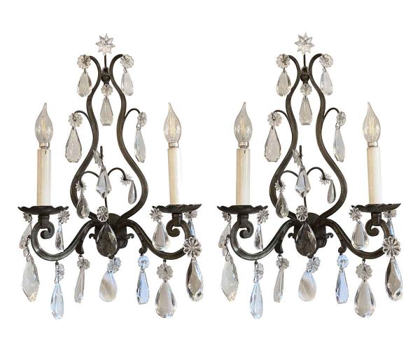 Sconces & Wall Lighting - Pair of Antique French Bronze & Crystal Wall Sconces