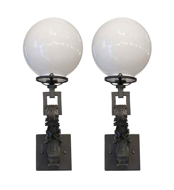 Sconces & Wall Lighting - Pair of Original Bronze Gas Wall Sconces with Opal Globes