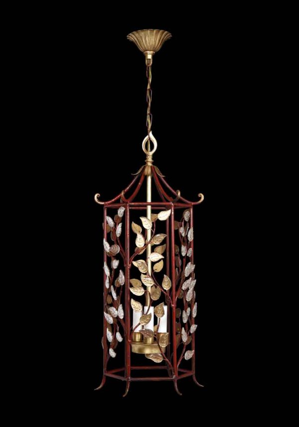 Wall & Ceiling Lanterns - Deep Red & Gold Open Lantern with Crystal Leaves