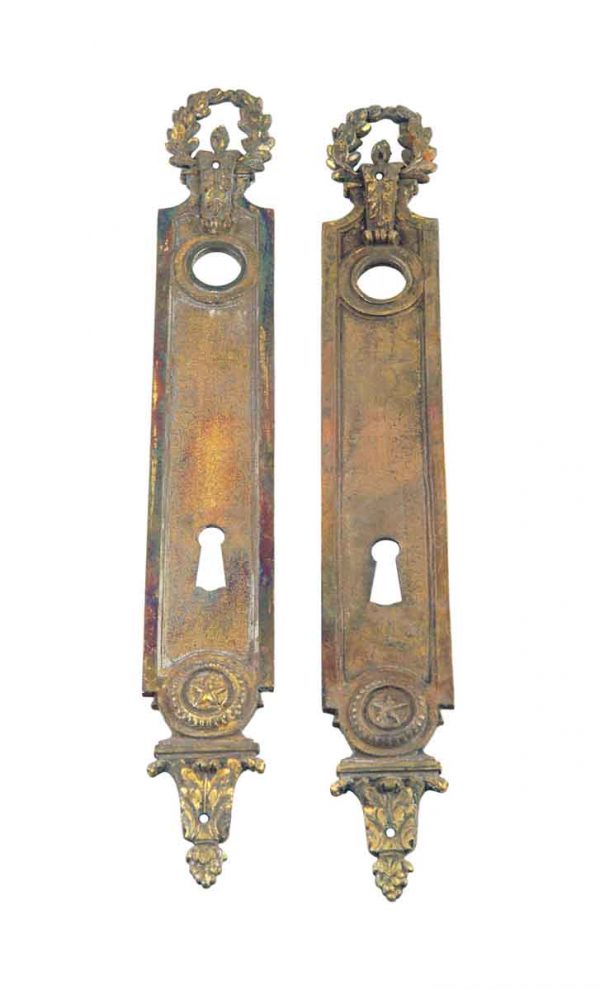 Back Plates - 12.5 in. Ornate Brass French Door Back Plates with Keyhole