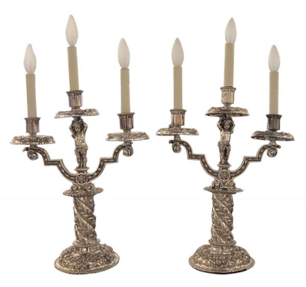 Candelabra Lamps - Pair of EF Caldwell Silvered Bronze Cherubic Table Candelabras